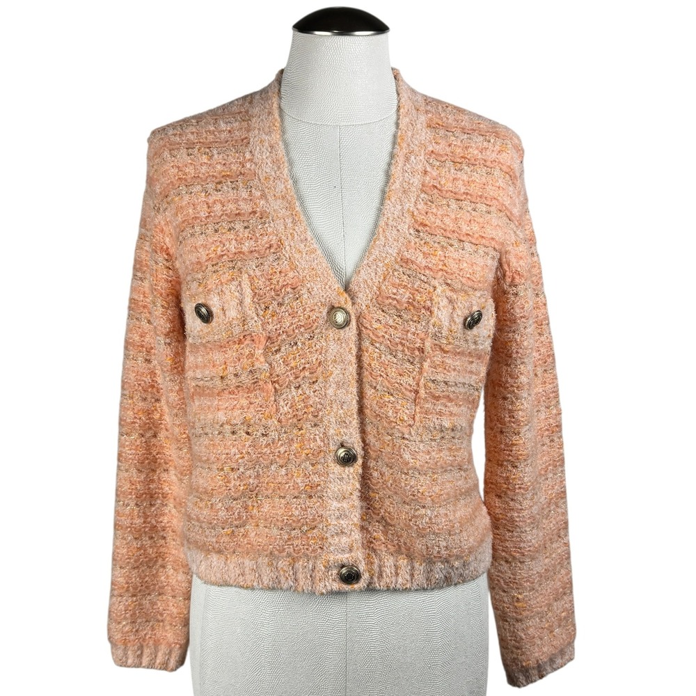 Maje Women's Boucle‎ Knit Cardigan Sweater Jacket Gold Details Peach 1 (Small)